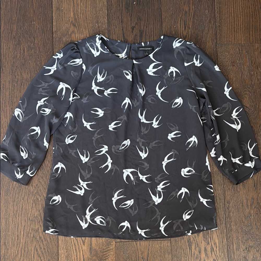 Banana Republic Black and White Bird Print Blouse